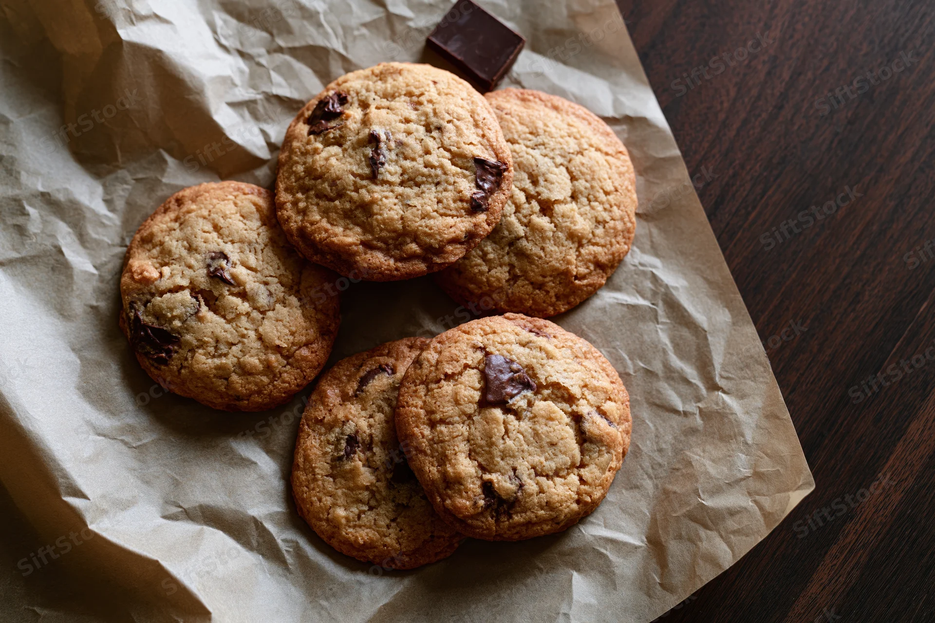 Chocolate chip cookies arranged on crumpled parchment paper on a wooden table