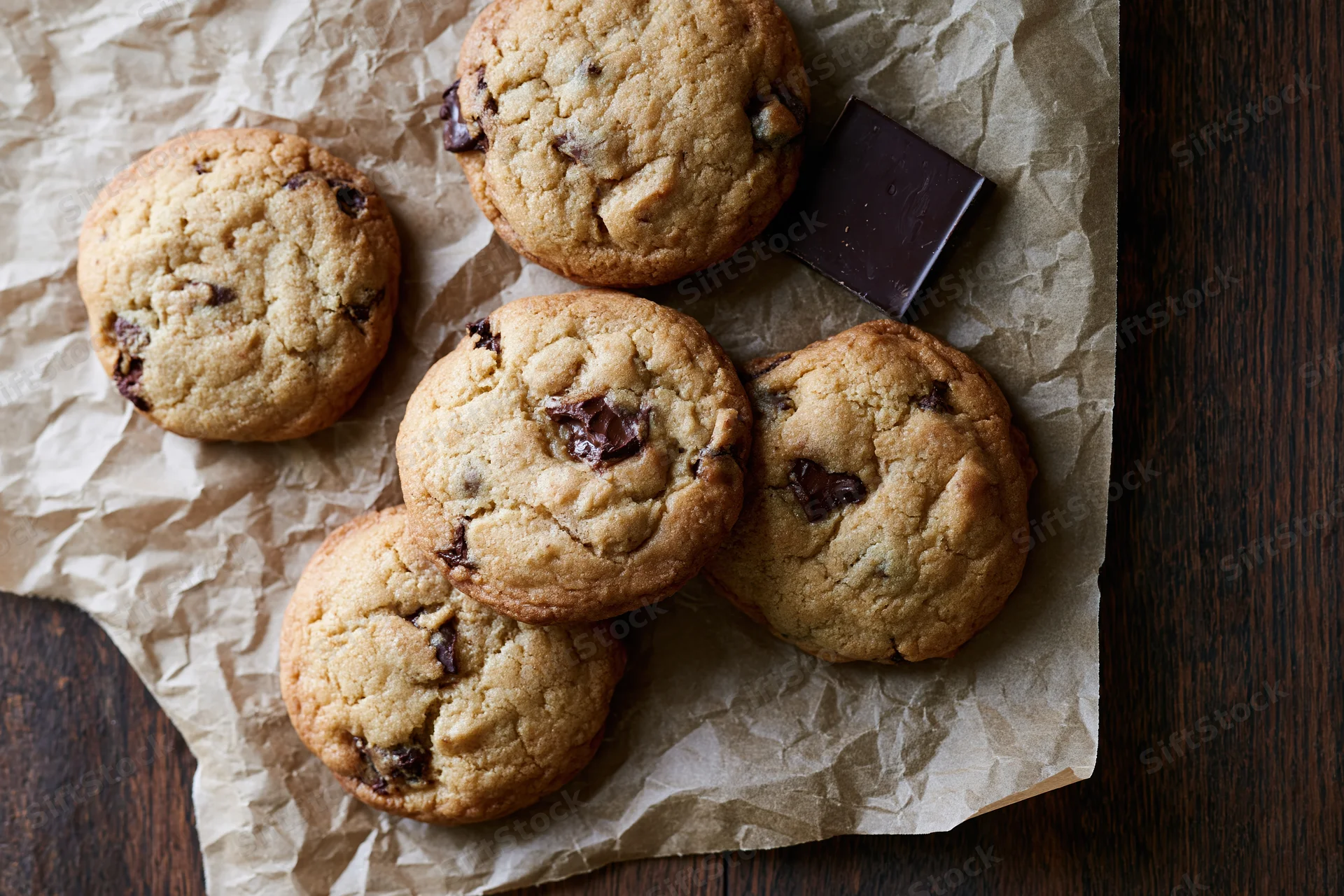 Chocolate chip cookies arranged on crumpled parchment paper on a wooden table