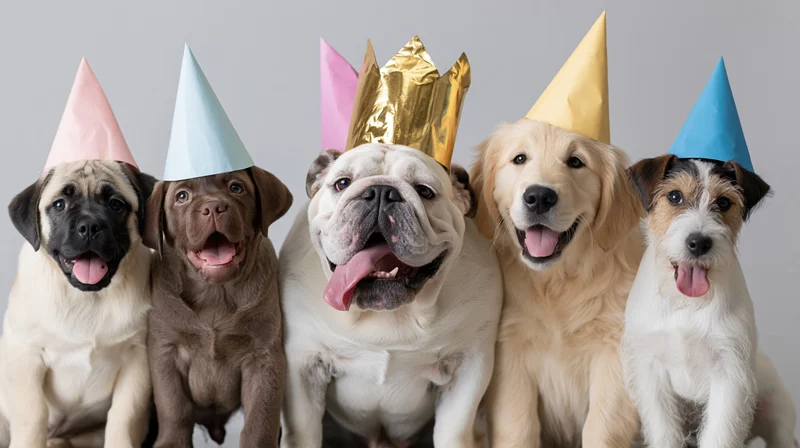 Five dogs wearing party hats sitting together in a studio portrait