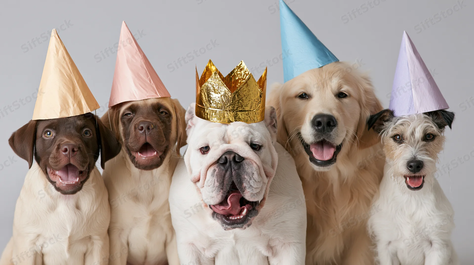 Five dogs wearing party hats and a crown sitting together in a studio portrait