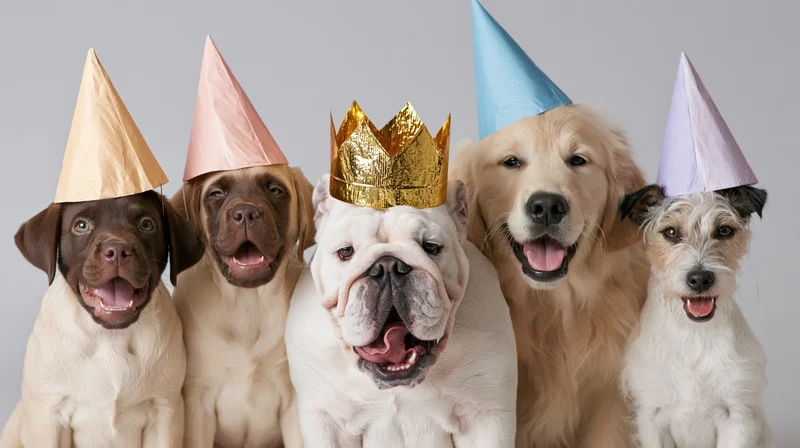 Five dogs wearing party hats and a crown sitting together in a studio portrait