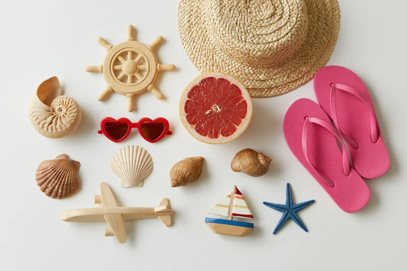 Summer vacation items arranged on white surface including shells, flipflops, straw hat, sunglasses, grapefruit, wooden toys, and starfish