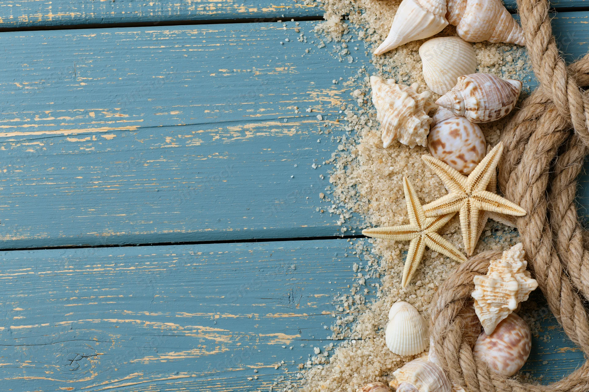 Seashells and starfish arranged with rope and sand on a blue weathered wooden surface