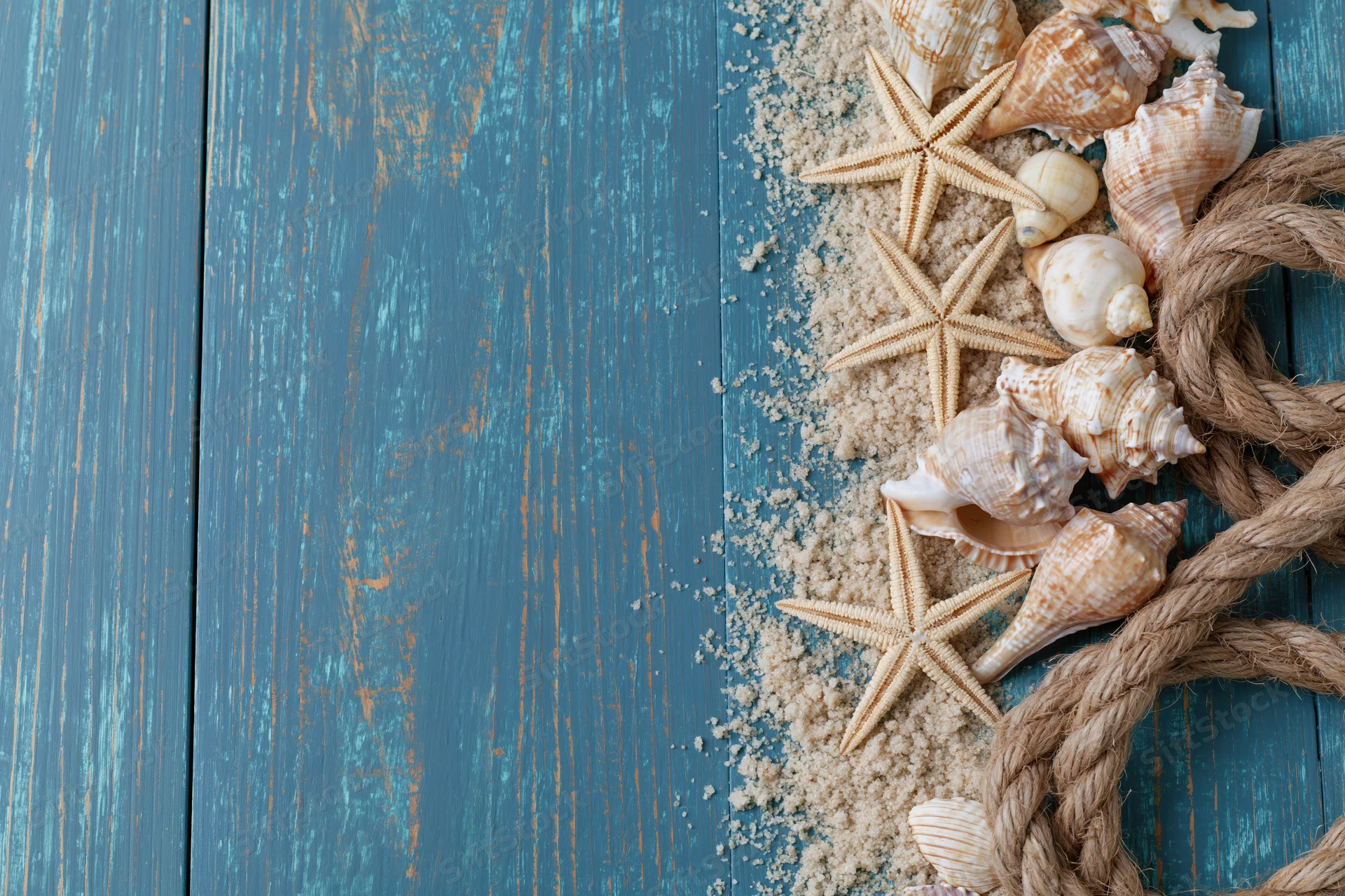 Seashells and starfish with rope and sand arranged on a blue weathered wooden surface