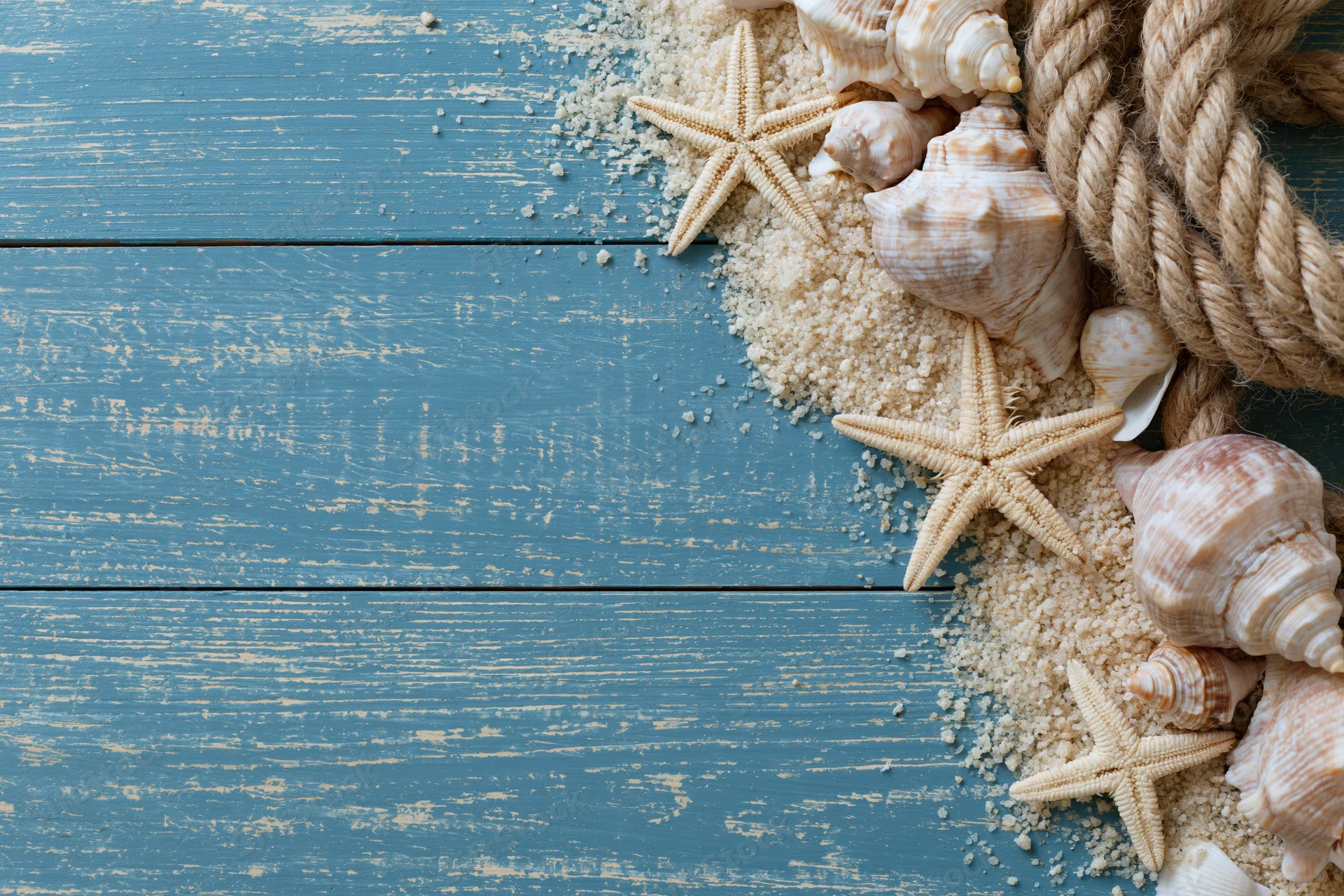 Seashells and starfish arranged with rope and sand on a blue weathered wooden surface