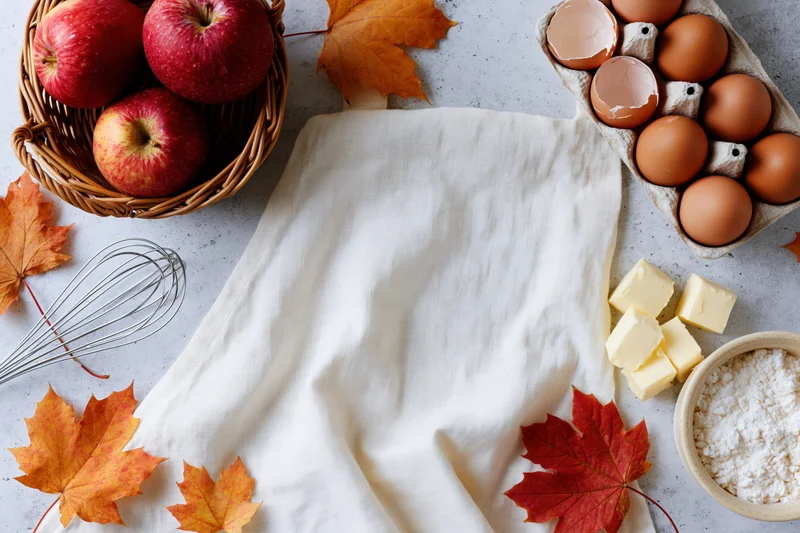 Apples and eggs with flour and butter arranged on a countertop with autumn leaves and a cloth for baking preparation
