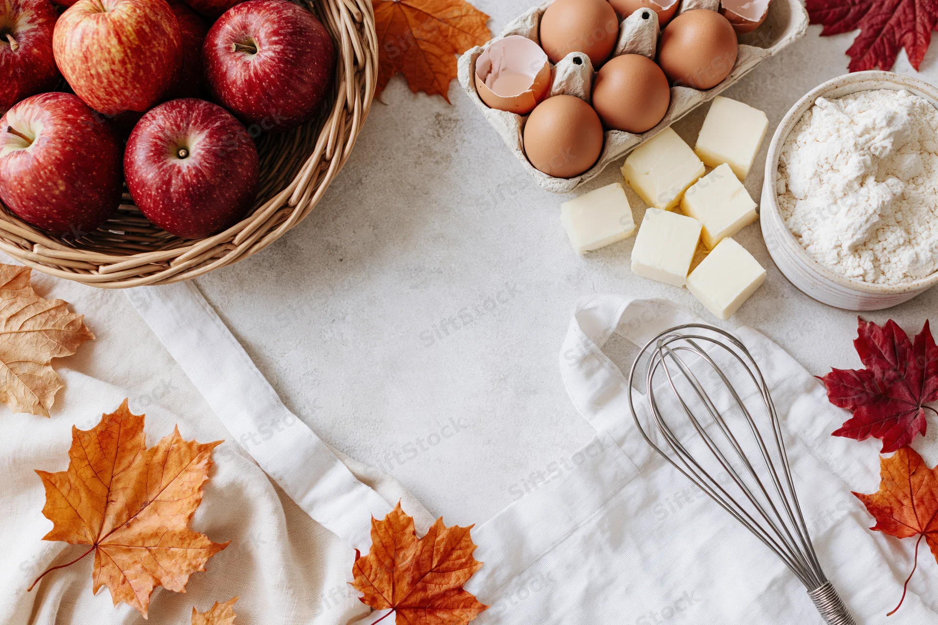 Apples and baking ingredients arranged with autumn leaves on a kitchen table