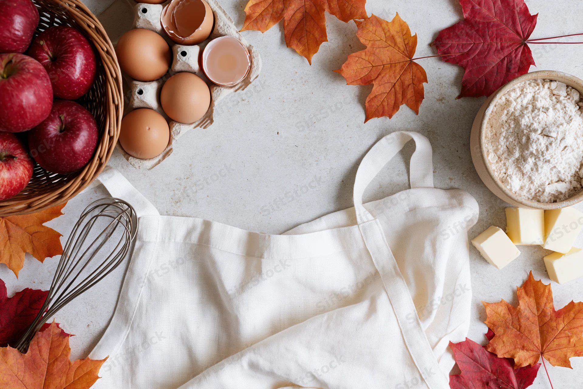 Baking ingredients and autumn leaves arranged on a kitchen table with an apron in the center