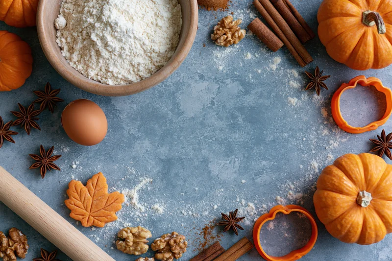 Pumpkin baking ingredients arranged on a gray countertop with cookie cutters and spices