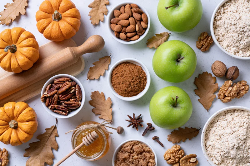 Autumn ingredients for baking arranged on a white surface with pumpkins, apples, nuts, spices and flour
