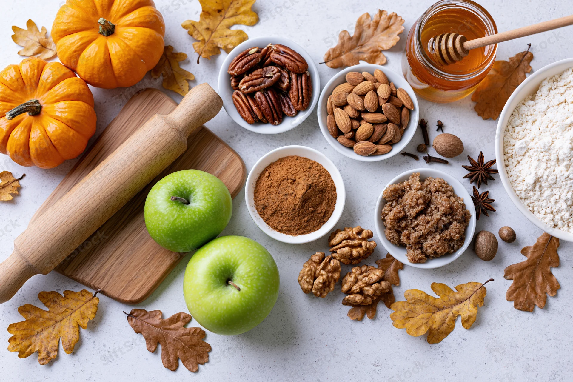 Autumn baking ingredients arranged on a white countertop with pumpkins, apples, nuts, honey and spices