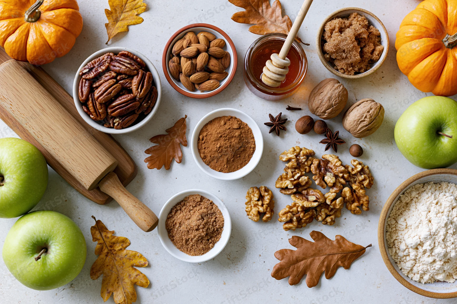 Autumn baking ingredients arranged on a countertop with pumpkins, apples, nuts, spices and flour