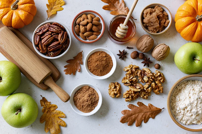 Autumn baking ingredients arranged on a countertop with pumpkins, apples, nuts, spices and flour