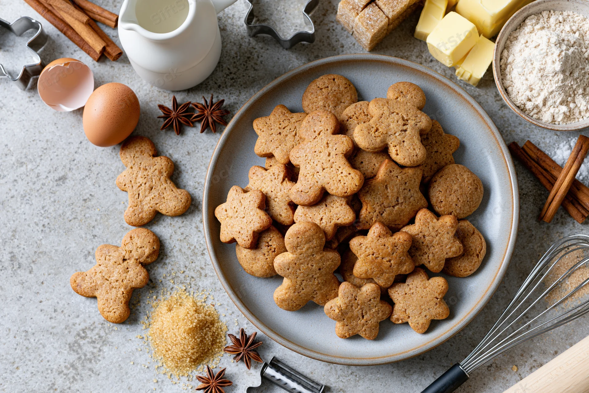 Gingerbread cookies shaped as men and stars on a plate surrounded by baking ingredients and tools on a gray countertop