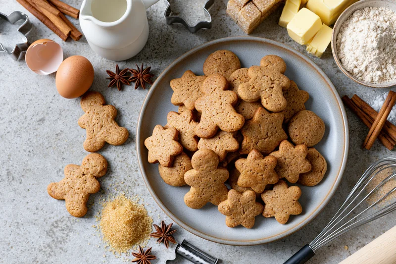 Gingerbread cookies shaped as men and stars on a plate surrounded by baking ingredients and tools on a gray countertop