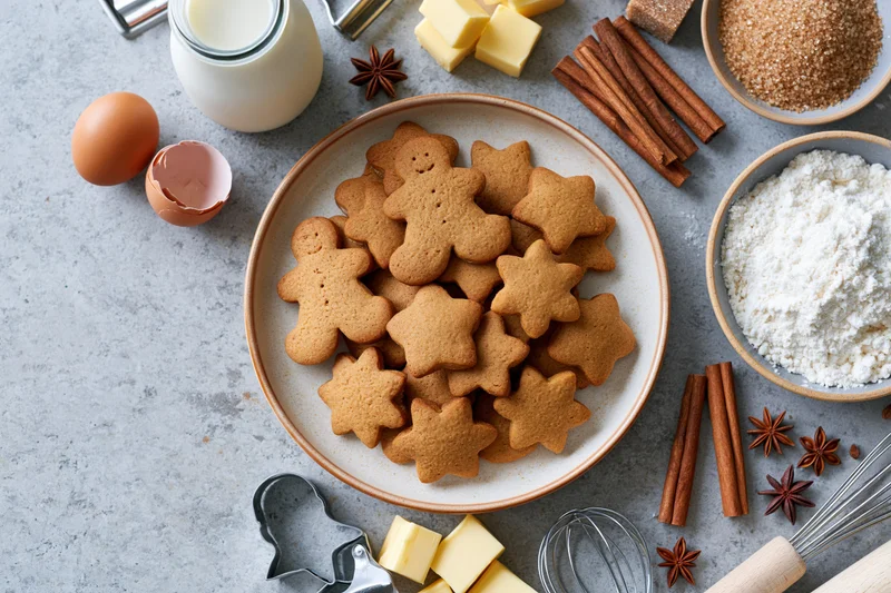 Gingerbread cookies shaped as people and stars arranged on a plate surrounded by baking ingredients and tools on a countertop