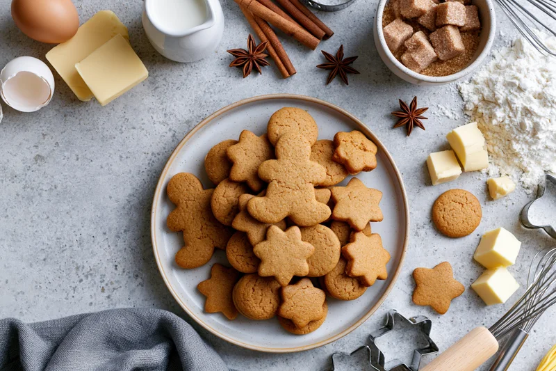 Gingerbread cookies shaped as men and stars on a plate surrounded by baking ingredients on a countertop
