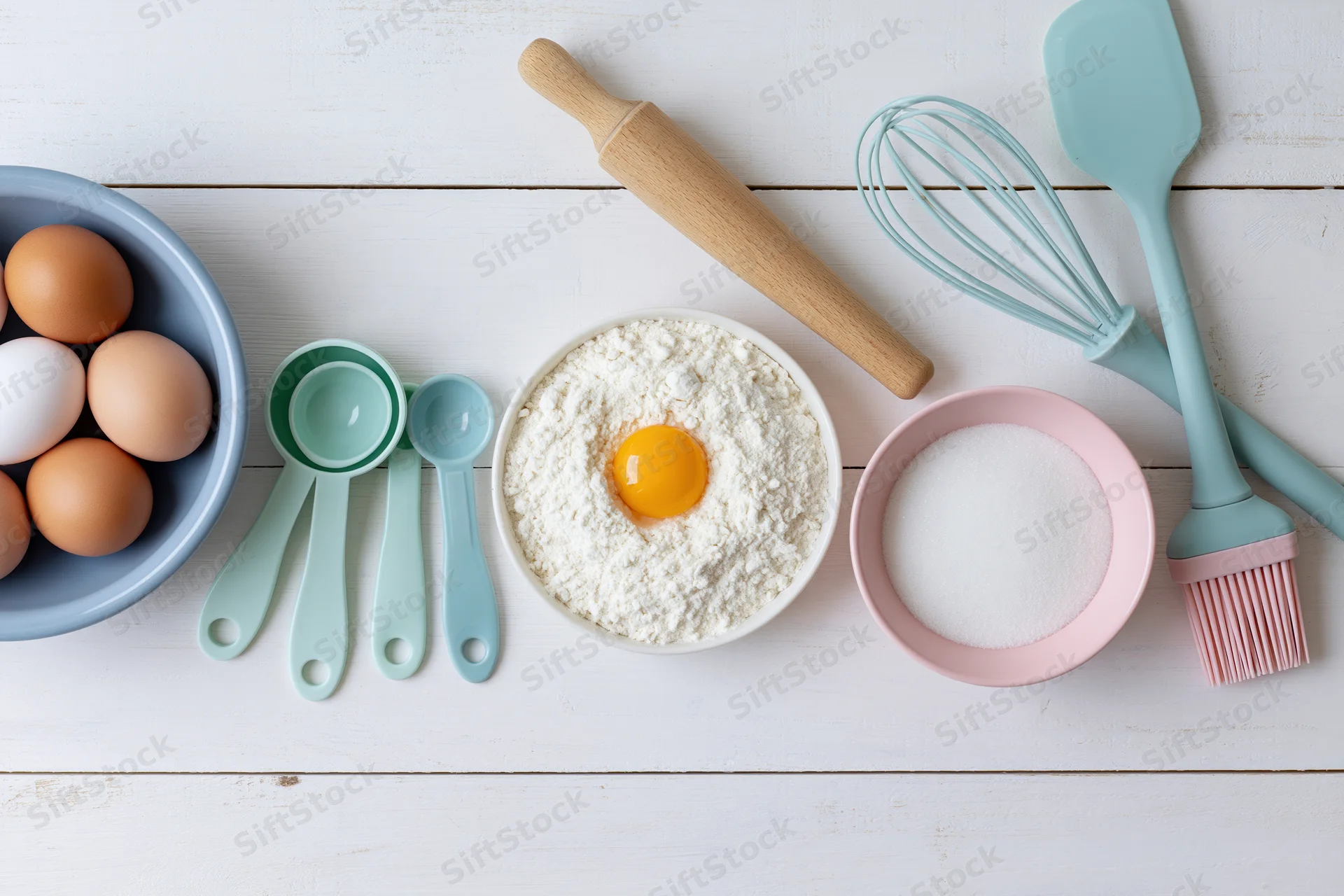 Baking ingredients arranged on a white wooden tabletop with utensils and measuring cups