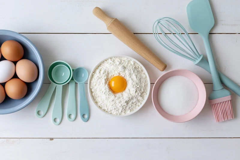 Baking ingredients arranged on a white wooden tabletop with utensils and measuring cups