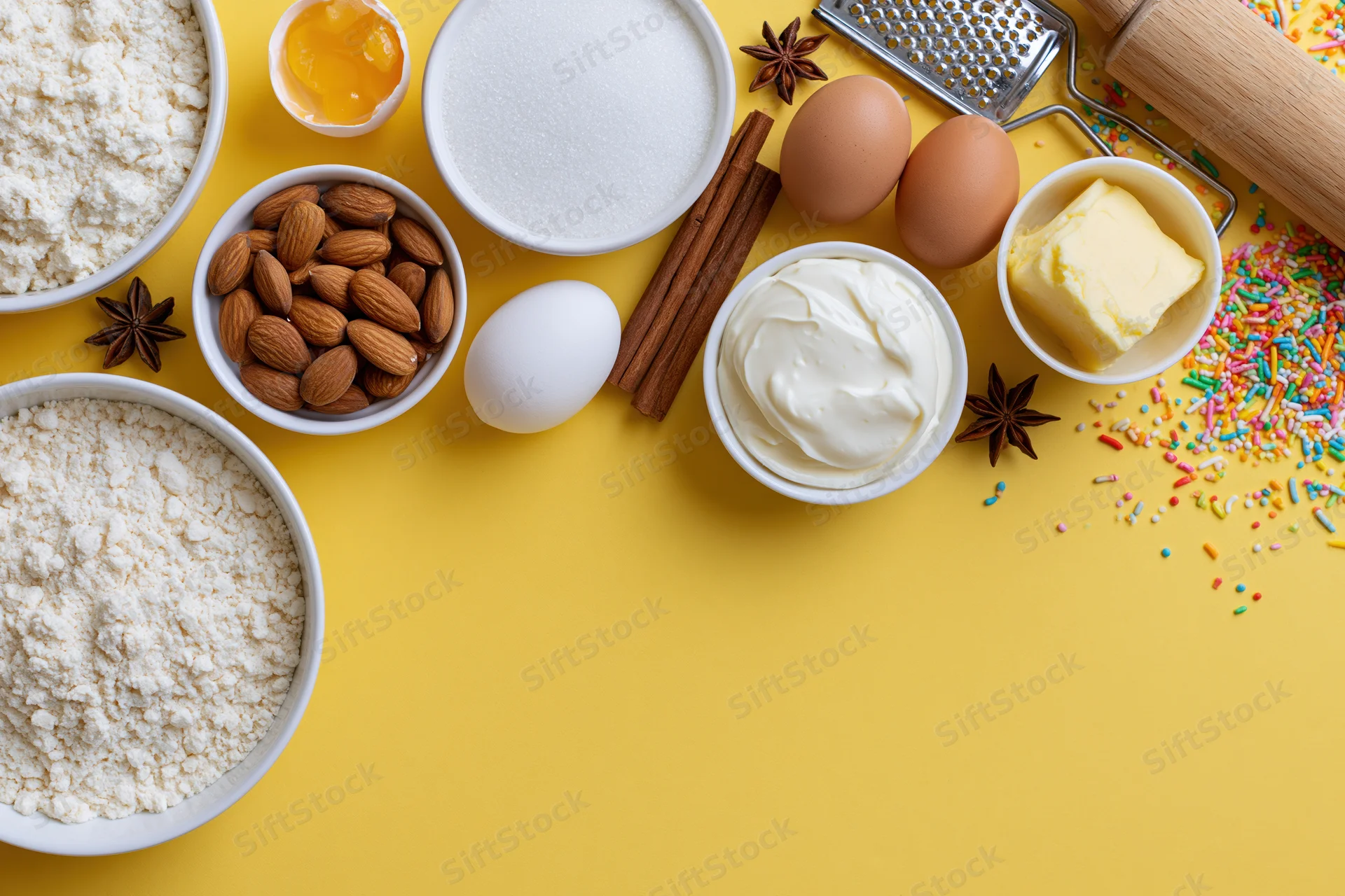 Baking ingredients arranged on yellow surface with copyspace