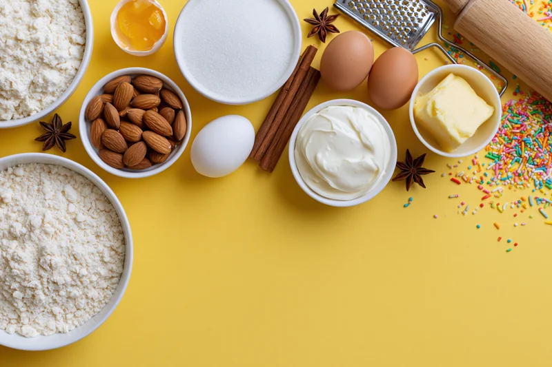 Baking ingredients arranged on yellow surface with copyspace