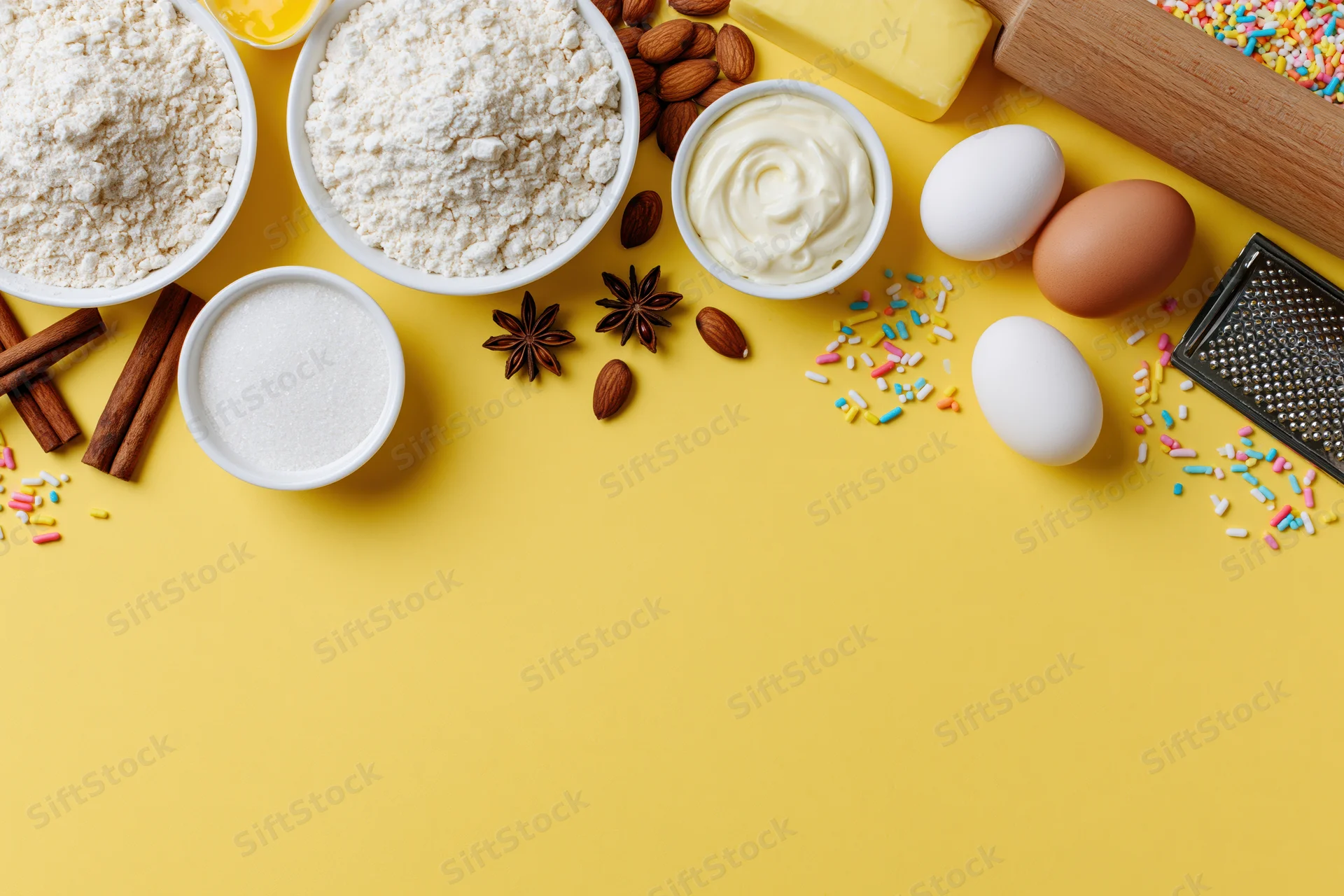 Baking ingredients arranged on yellow surface with copyspace