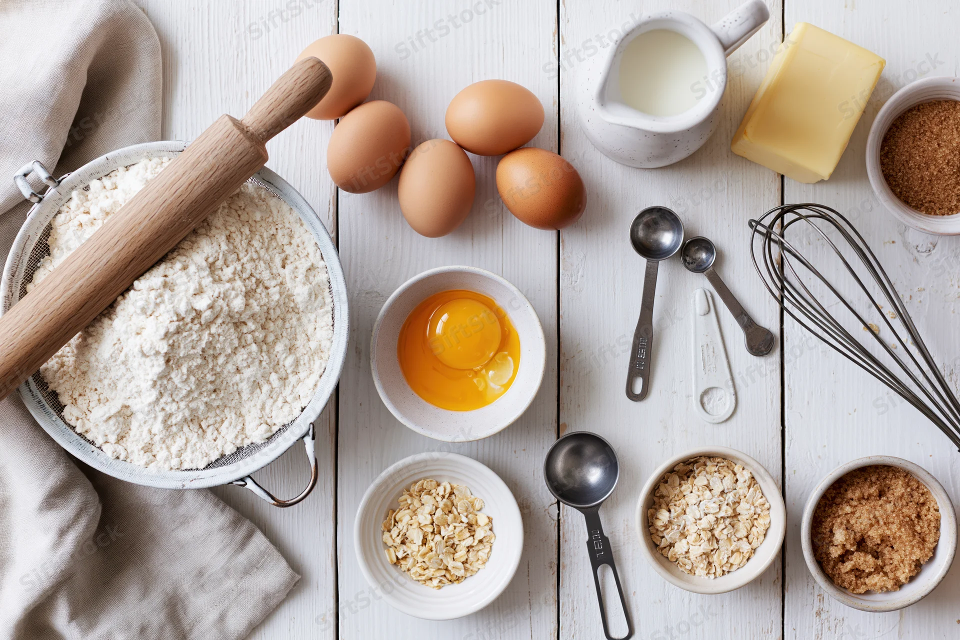 Baking ingredients arranged on a white wooden countertop in overhead flatlay view