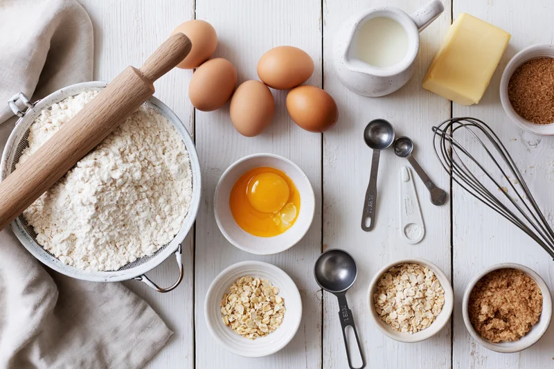 Baking ingredients arranged on a white wooden countertop in overhead flatlay view