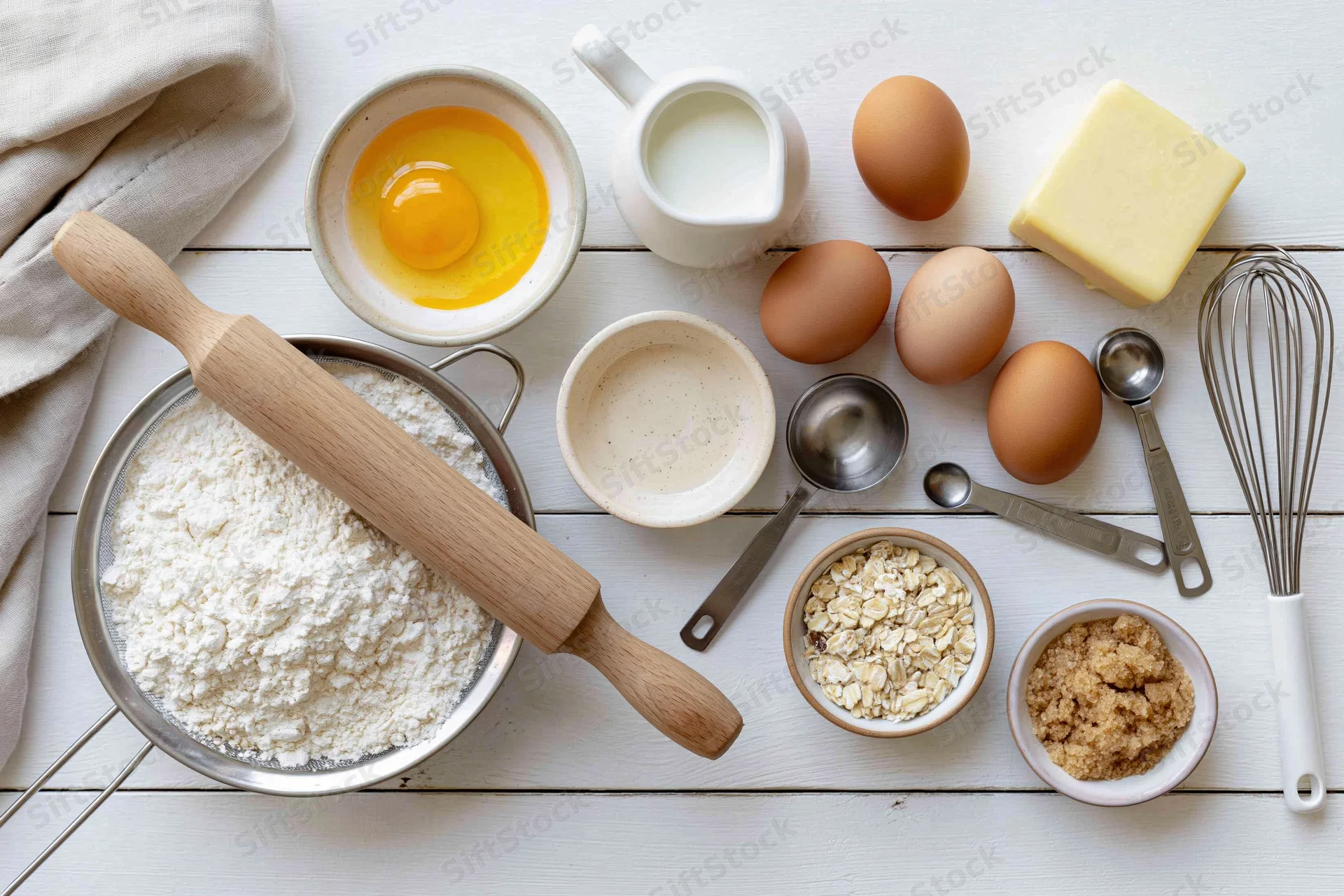 Baking ingredients arranged on a white wooden surface with utensils and bowls for food preparation