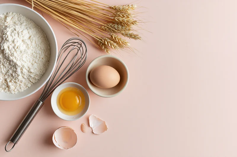 Baking ingredients arranged on a pink surface with cracked eggshells and wheat stalks