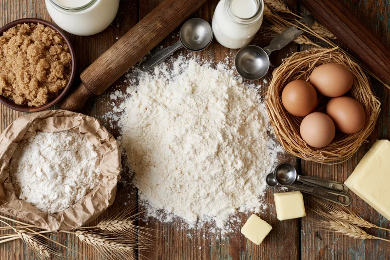 Baking ingredients arranged on a wooden table with flour, eggs, butter, milk, sugar, and wheat stalks