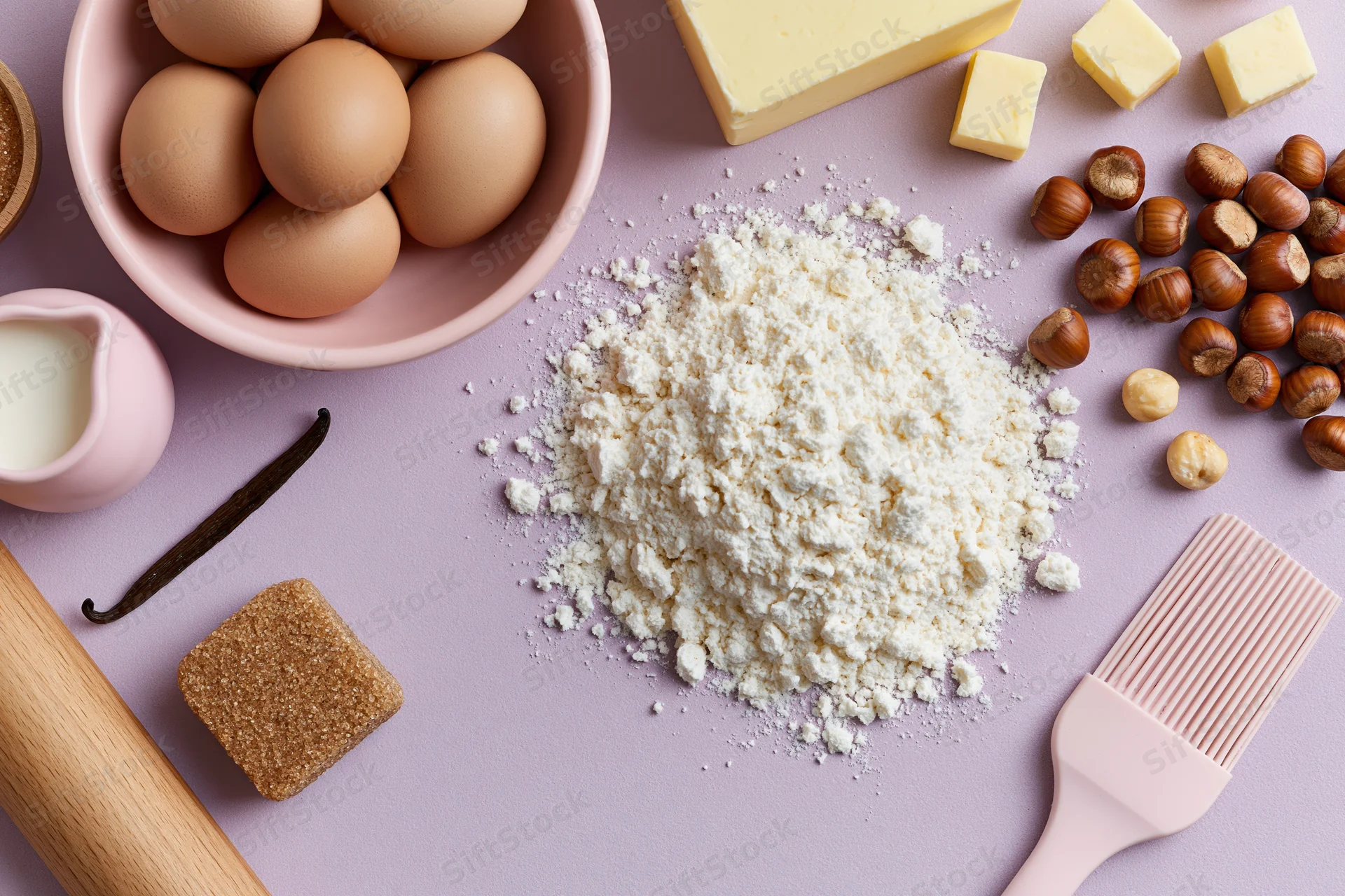 Baking ingredients arranged on a pastel surface with flour, eggs, butter, hazelnuts, sugar, vanilla, rolling pin and pastry brush