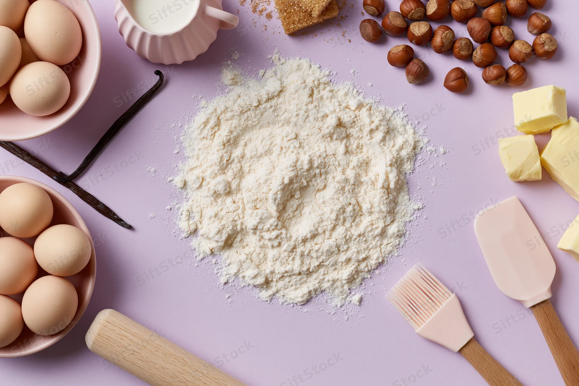 Pile of flour surrounded by baking ingredients and tools on a pink surface