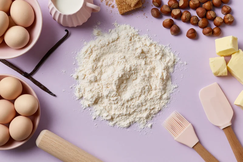 Pile of flour surrounded by baking ingredients and tools on a pink surface