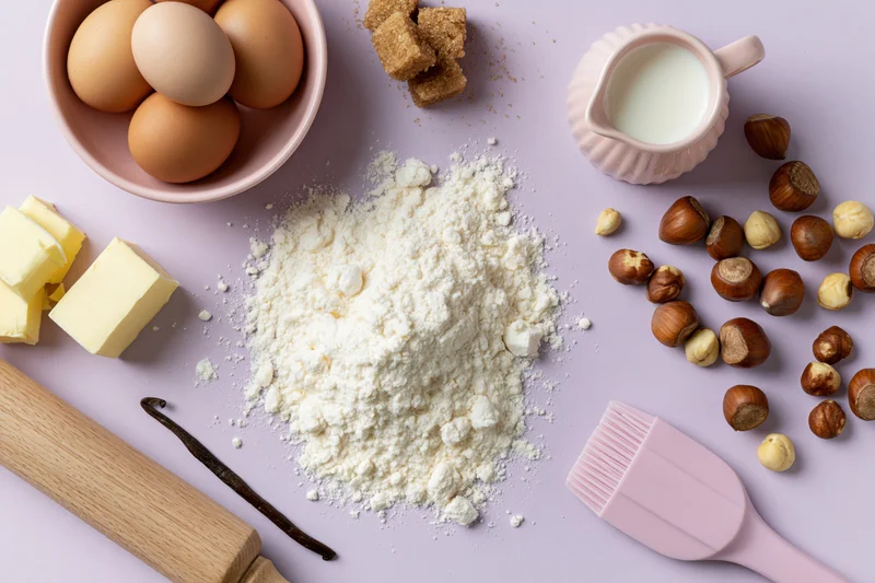 Baking ingredients arranged on a lavender surface with flour, eggs, butter, milk, hazelnuts, vanilla, rolling pin and spatula