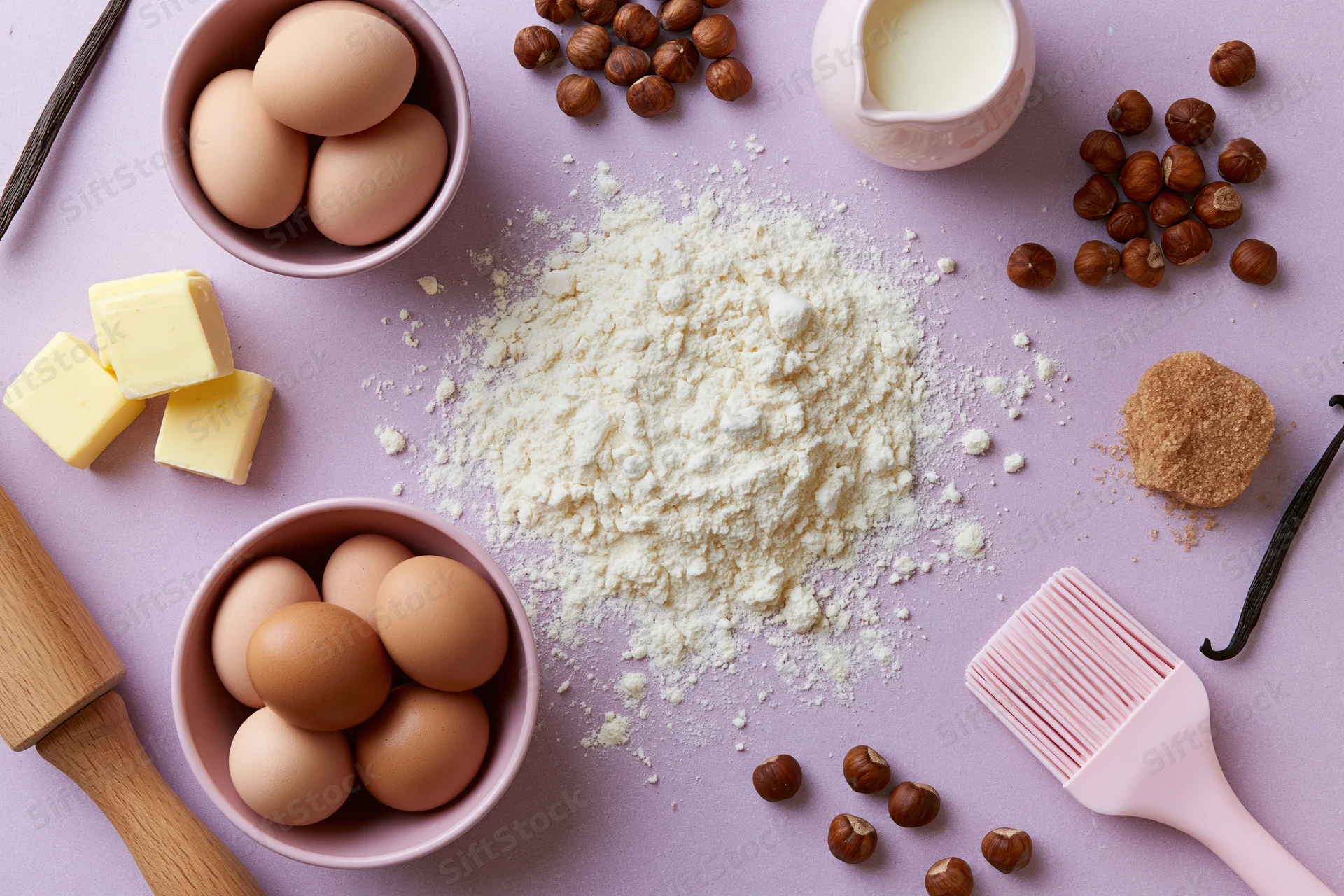Baking ingredients arranged on a pastel surface with flour, eggs, butter, hazelnuts, vanilla, and milk in bowls and piles