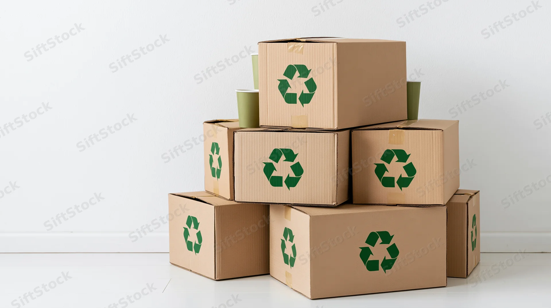 Stack of cardboard boxes with green recycling symbols arranged in pyramid shape on white floor against white wall