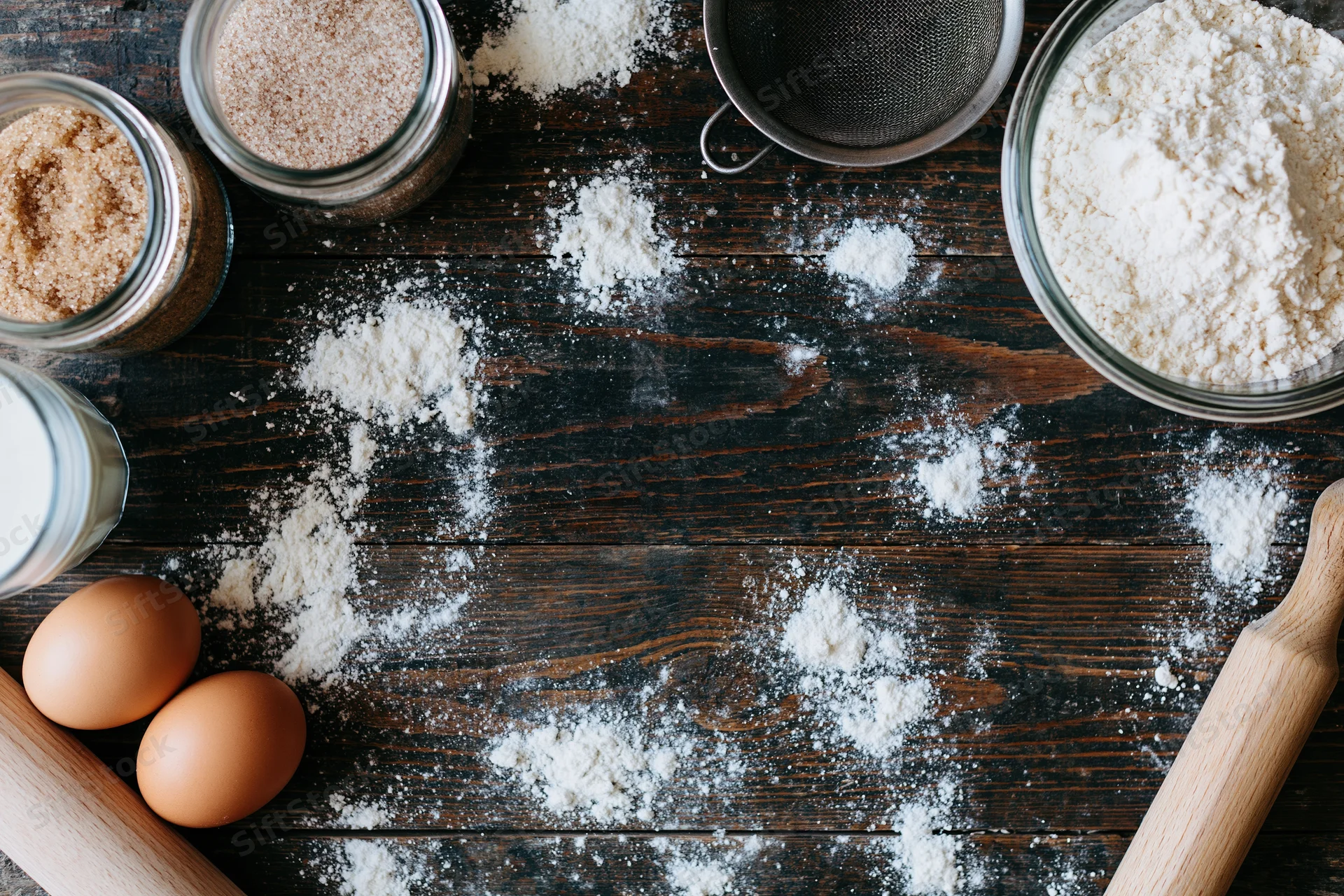 Baking ingredients arranged on a dark wooden table with flour dusted across the surface