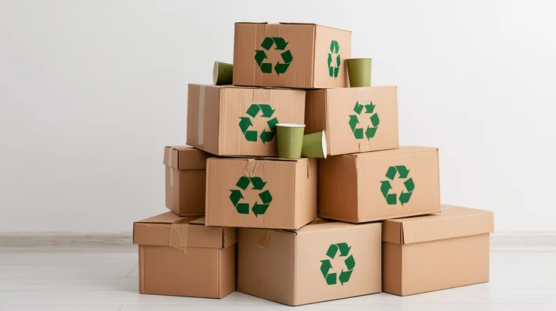 Stack of cardboard boxes with recycling symbols arranged in pyramid on white floor