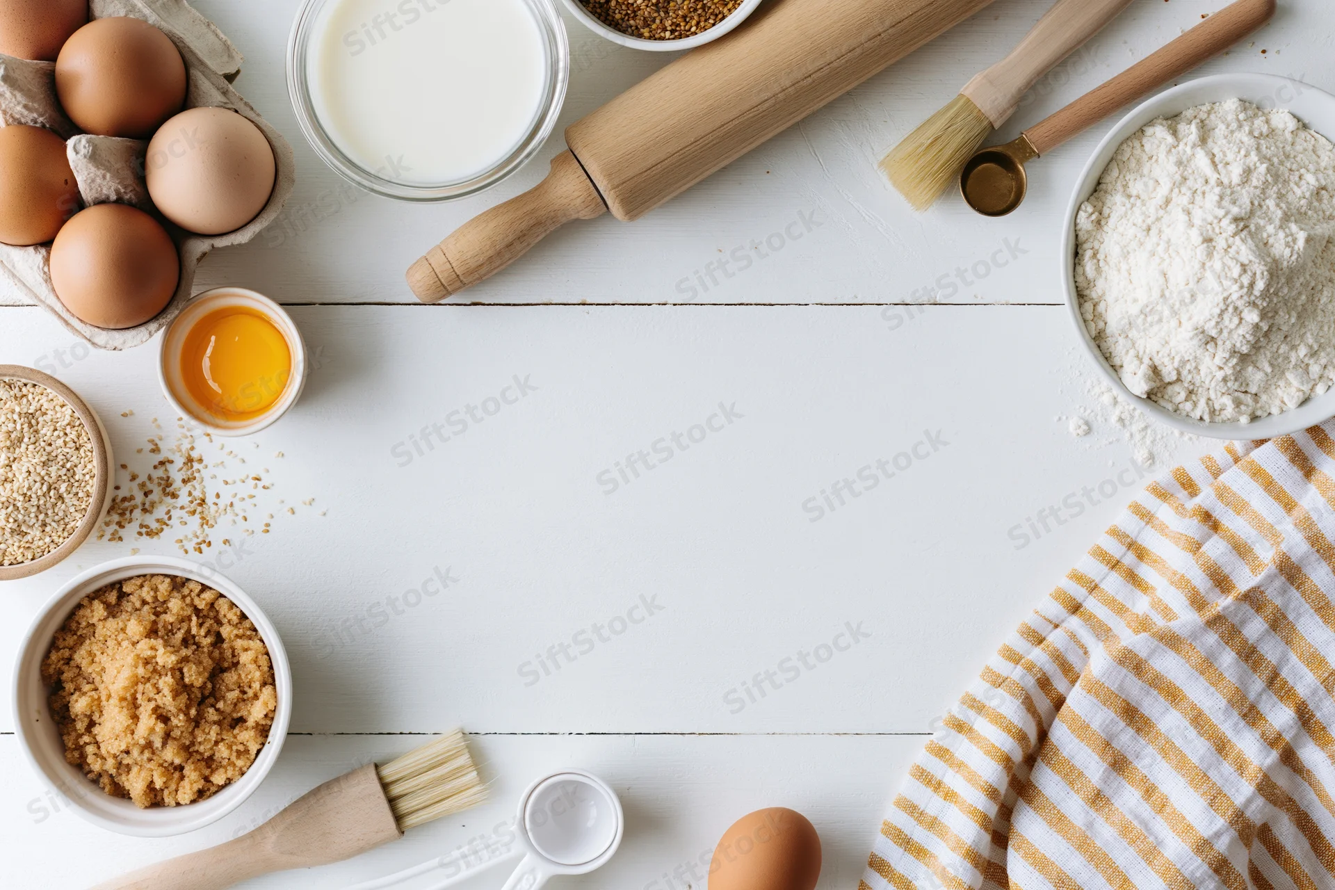 Baking ingredients arranged on white wooden countertop with copyspace
