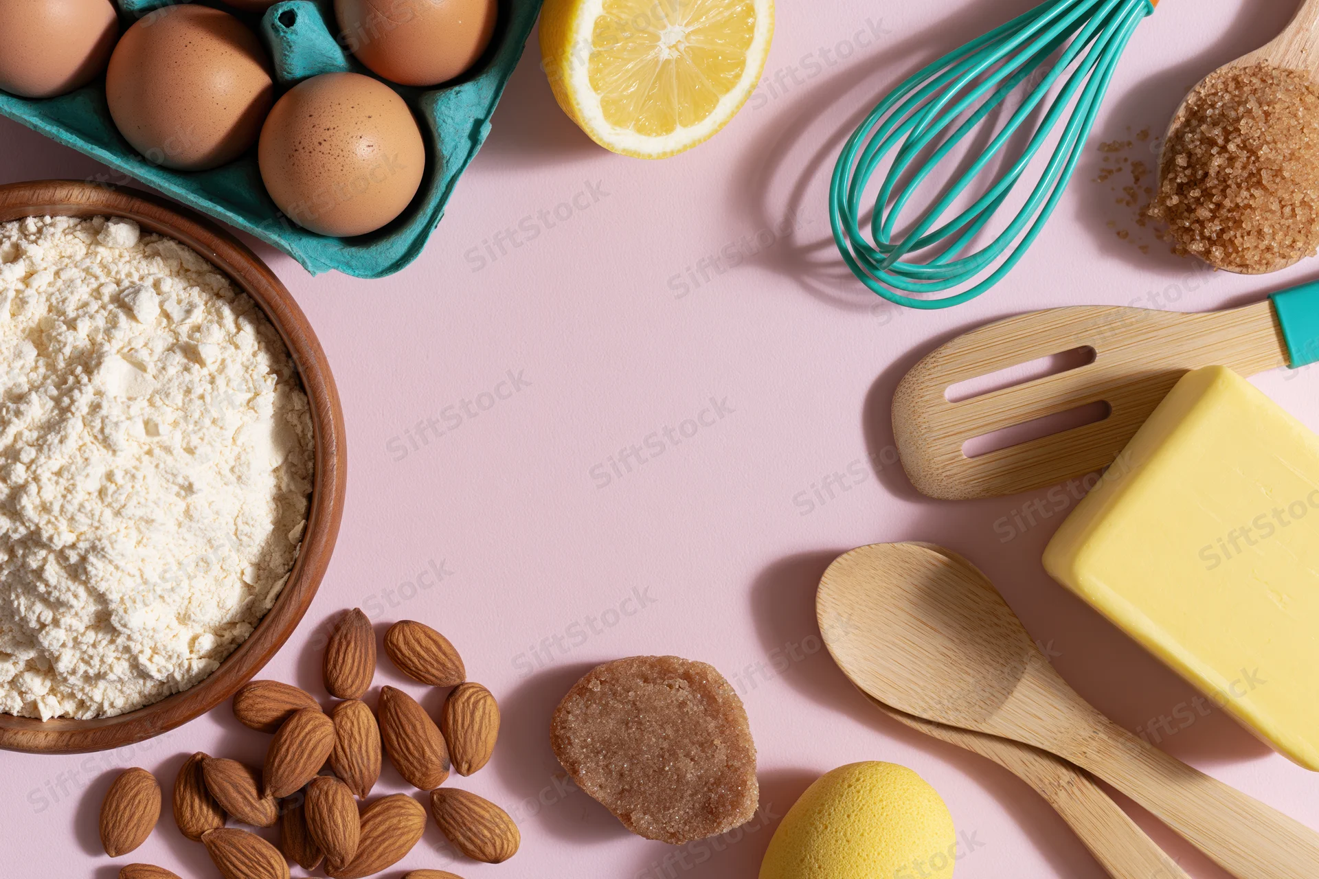 Baking ingredients and utensils arranged on a pink surface with copyspace