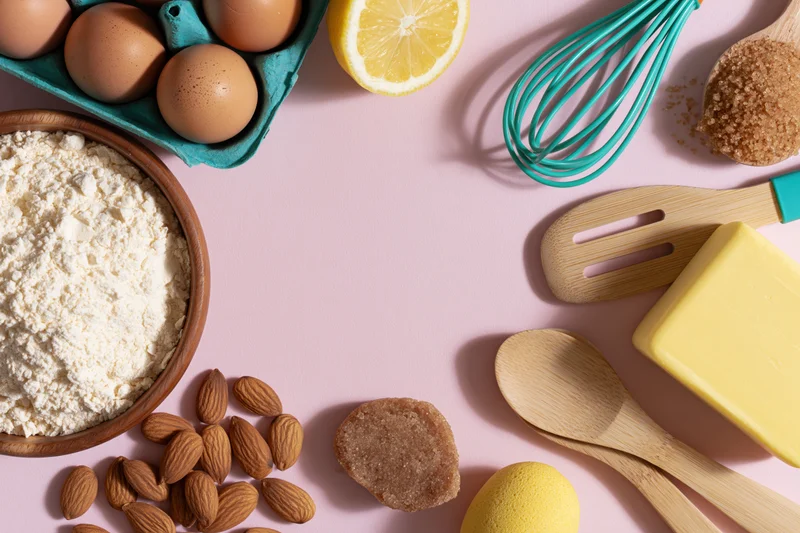 Baking ingredients and utensils arranged on a pink surface with copyspace