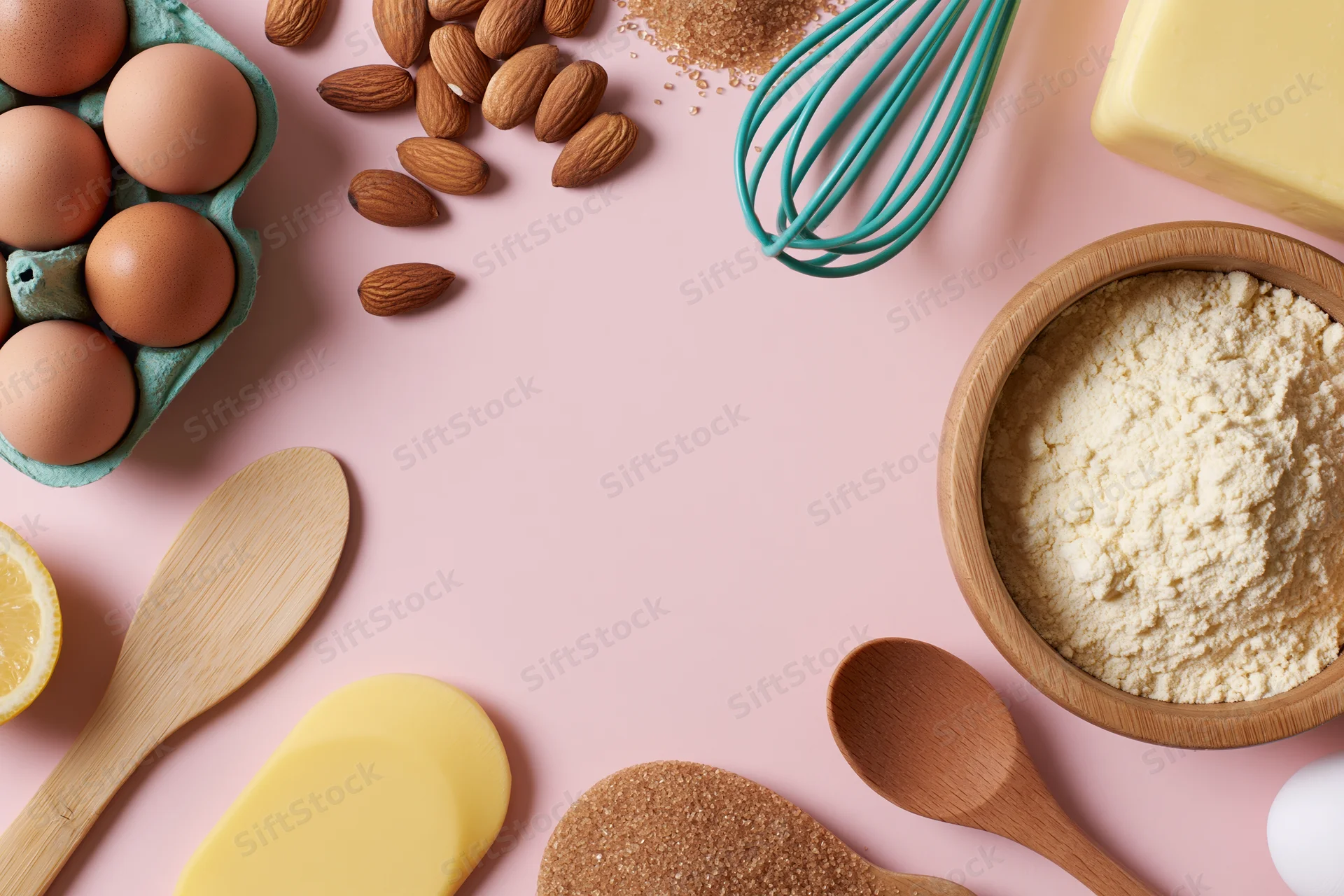 Baking ingredients arranged on pink surface with wooden spoons and whisk, flat lay view