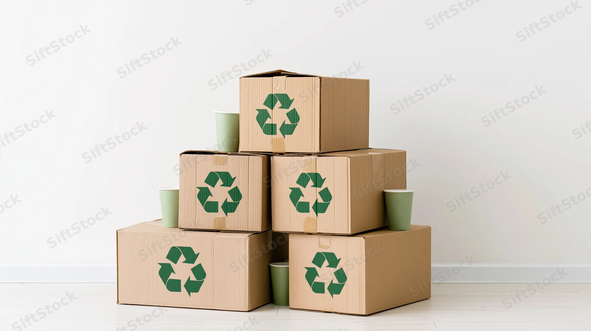 Stack of cardboard boxes with recycling symbols and paper cups arranged in pyramid on white floor against white wall