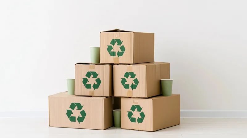 Stack of cardboard boxes with recycling symbols and paper cups arranged in pyramid on white floor against white wall