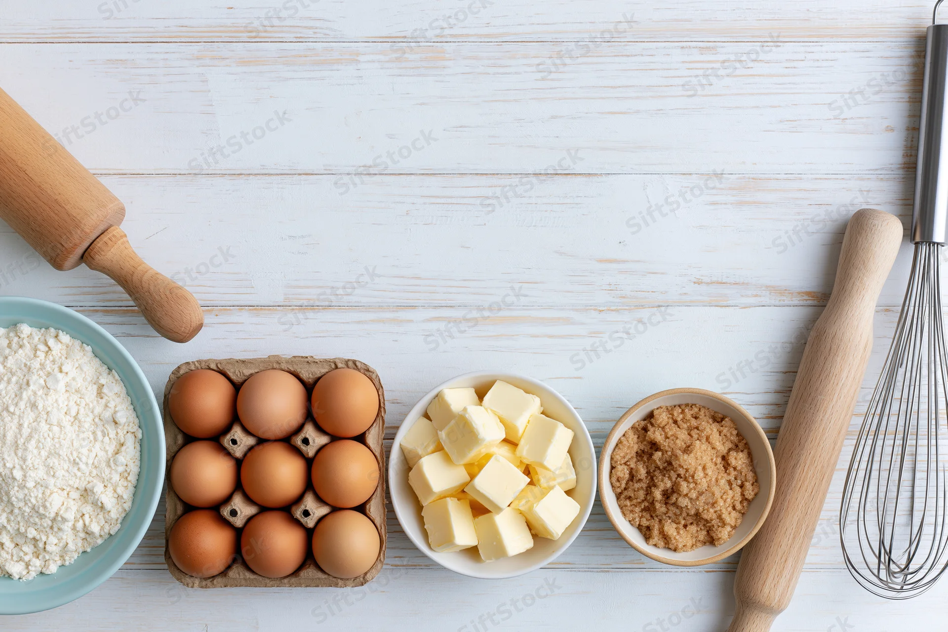 Baking ingredients arranged on a white wooden countertop with rolling pin and whisk