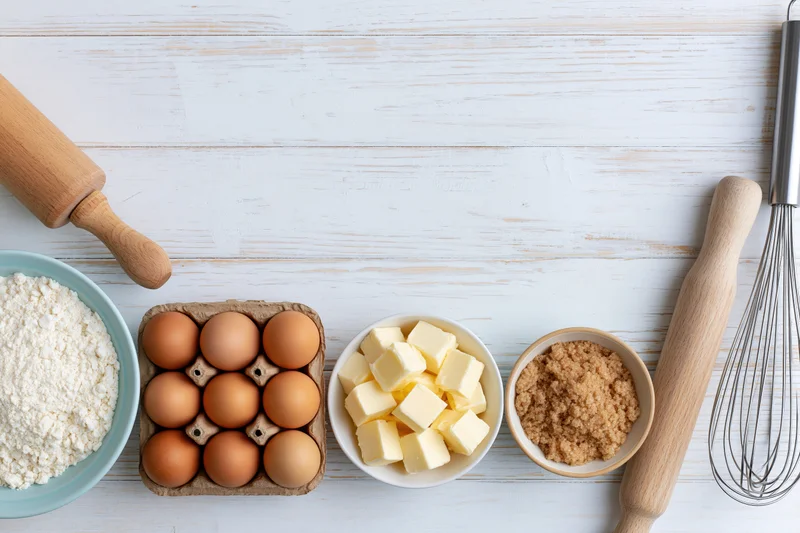 Baking ingredients arranged on a white wooden countertop with rolling pin and whisk