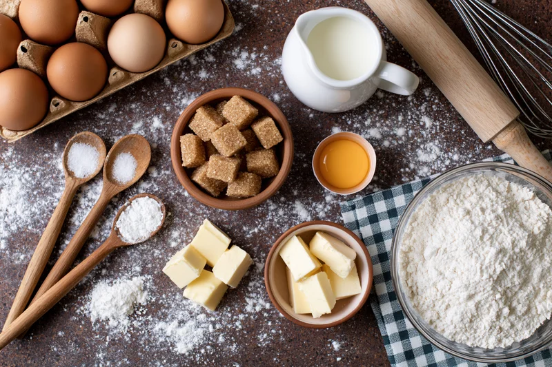 Baking ingredients arranged on a floured countertop with utensils and bowls