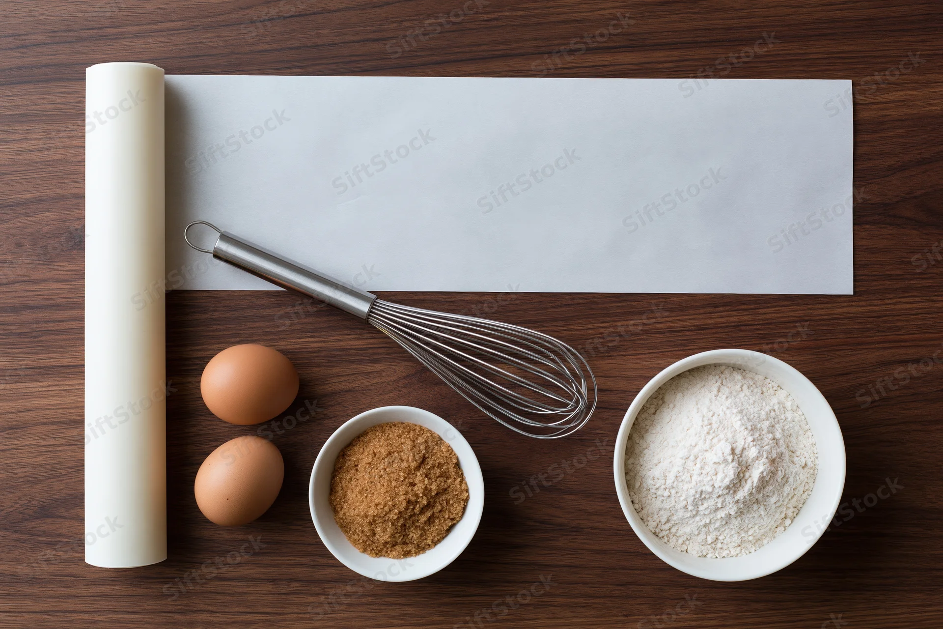 Baking ingredients arranged on wooden countertop with parchment paper and whisk