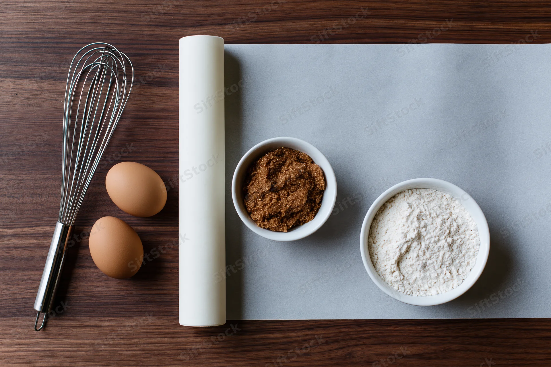Baking ingredients arranged on wooden countertop with parchment paper and utensils